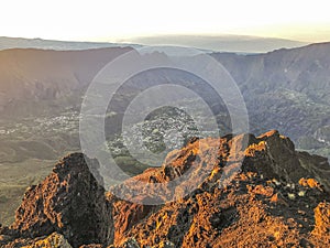 Cirque de cilaos at sunset view from piton des neiges photo