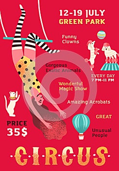 Cirque performance promo poster. Vertical advertising template with woman equilibrist and trained animals. Placard for photo