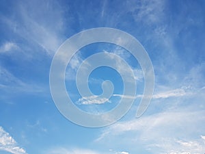 Cirrus clouds on a clear blue sky. Weather forecast. Water in a gaseous state in nature. The atmosphere of the earth. The effect o