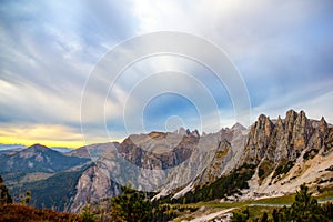 Cirspitzen at sunset at the Gardena Pass, Dolomites,  Italy