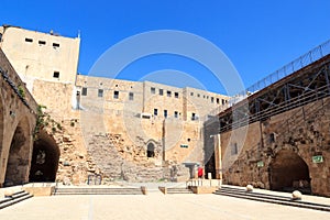 Citadel of Acre crusader fortress inner courtyard in Akko Old City, Israel