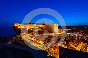 Citadel of Bonifacio in Corsica France at dusk photo