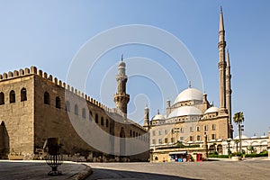 View of Al-Nasir Muhammad Mosque left and Great Mosque of Muhammad Ali Pasha right at the Citadel of Cairo in Egypt