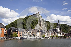 The citadel, the collegiate church and the river Meuse in Dinant, Walloon region, Belgium