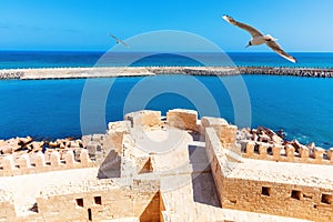 The Citadel of Qaitbay roof view and beautiful Mediterranean scenery of Alexandria, Egypt