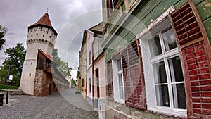 Citadel street of Sibiu - old fortified wall and towers of the ancient city fortress