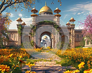 A citadel surrounded by saffron blooms features gates decorated with complex optical art