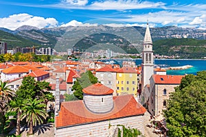 Citadel and the tower of St John the Baptists Church, Budva old town aerial view, Montenegro