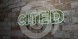 CITED - Glowing Neon Sign on stonework wall - 3D rendered royalty free stock illustration photo