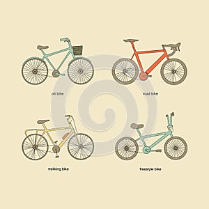 Citi bike, road bike, trekking bike, freestyle bike vector icons. photo