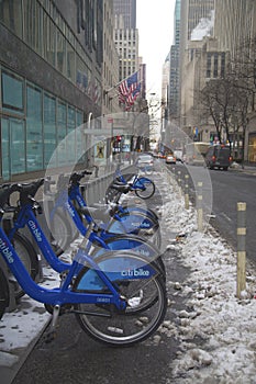 Citi bike station under snow near Times Square in Manhattan