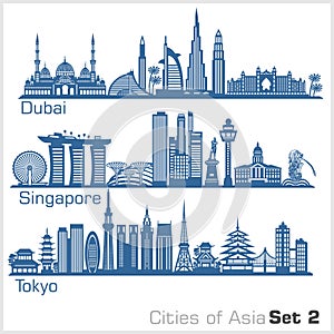 Cities of Asia - Dubai, Singapore, Tokyo. Detailed architecture. Trendy vector illustration.