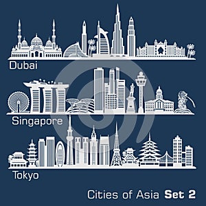Cities of Asia - Dubai, Singapore, Tokyo. Detailed architecture. Trendy vector illustration.