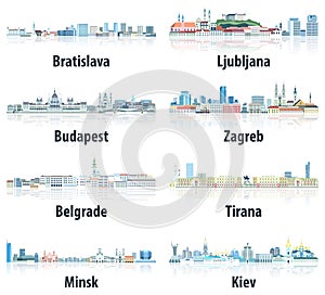 Cities of East Europe skylines in tints of blue color palette. Ð¡rystal aesthetics style