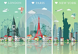 Cities skylines set. Flat landscapes vector illustration. London, Paris and New York cities skylines design with landmarks