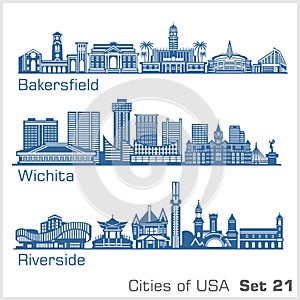Cities of USA - Bakersfield, Wichita, Riverside. Detailed architecture. Trendy vector illustration.