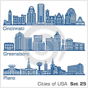 Cities of USA - Cincinnati, Greensboro, Plano. Detailed architecture. Trendy vector illustration. photo