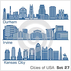 Cities of USA - Durham, Irvine, Kansas City. Detailed architecture. Trendy vector illustration.