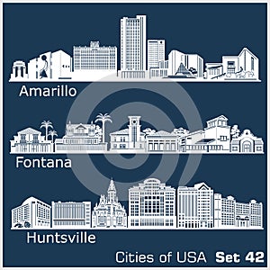 Cities of USA - Fontana, Amarillo, Huntsville. Detailed architecture. Trendy vector illustration.