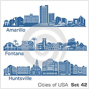 Cities of USA - Fontana, Amarillo, Huntsville. Detailed architecture. Trendy vector illustration. photo