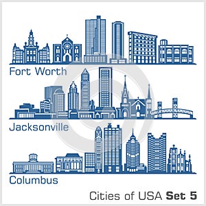 Cities of USA - Fort Worth, Jacksonville, Columbus. Detailed architecture. Trendy vector illustration.