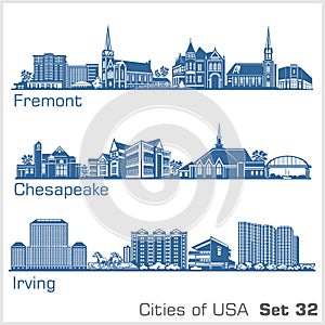 Cities of USA - Fremont, Chesapeake, Irving. Detailed architecture. Trendy vector illustration.