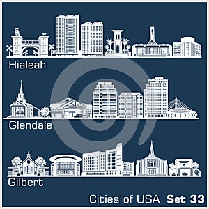 Cities of USA - Hialeah, Glendale, Gilbert. Detailed architecture. Trendy vector illustration. photo