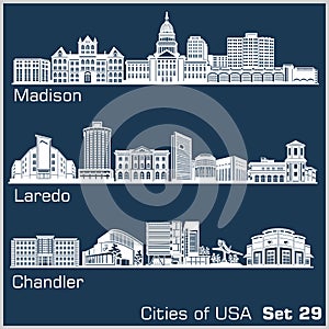 Cities of USA - Madison, Laredo, Chandler. Detailed architecture. Trendy vector illustration. photo