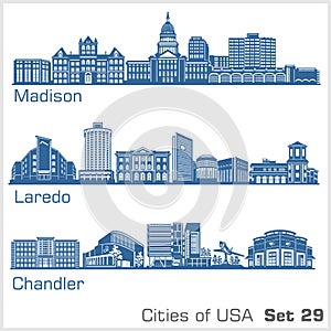 Cities of USA - Madison, Laredo, Chandler. Detailed architecture. Trendy vector illustration. photo