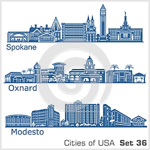 Cities of USA - Oxnard, Modesto, Spokane. Detailed architecture. Trendy vector illustration.