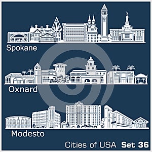 Cities of USA - Oxnard, Modesto, Spokane. Detailed architecture. Trendy vector illustration.