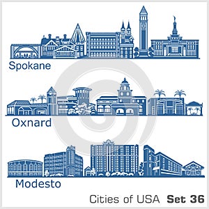 Cities of USA - Oxnard, Modesto, Spokane. Detailed architecture. Trendy vector illustration. photo