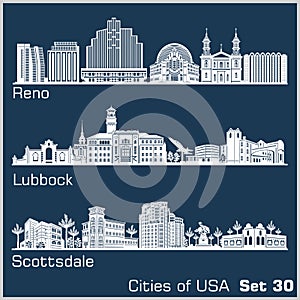 Cities of USA - Reno, Lubbock, Scottsdale. Detailed architecture. Trendy vector illustration.