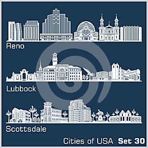 Cities of USA - Reno, Lubbock, Scottsdale. Detailed architecture. Trendy vector illustration. photo