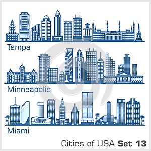 Cities of USA - Tampa, Minneapolis, Miami,. Detailed architecture. Trendy vector illustration.