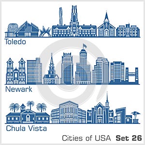 Cities of USA - Toledo, Newark, Chula Vista. Detailed architecture. Trendy vector illustration.
