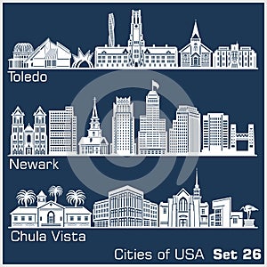 Cities of USA - Toledo, Newark, Chula Vista. Detailed architecture. Trendy vector illustration.