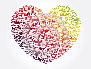 Cities of the world, travel destinations heart word cloud concept, business background