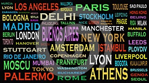 Cities of the world, travel destinations word cloud concept