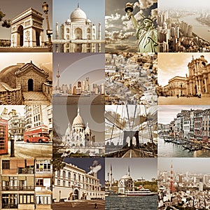 Cities of the world vintage collage, city travel tourism concept