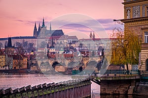 Citiscape view of Prague castle and Charles bridge at sunrise, Prague, Czech Republic