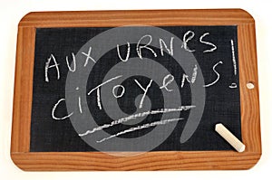 Citizen ballot box written in french with chalk on a school slate