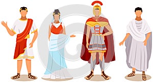 Citizens of ancient rome in traditional costumes set, legionary, roman woman, plebeian, emperor