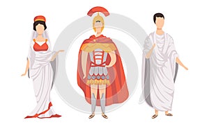 Citizens of Ancient Rome in Traditional Costumes Set, Legionary, Roman Woman, Plebeian Flat Vector Illustration