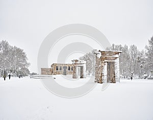 Temple of Debod amid blizzard. Madrid  Spain. photo