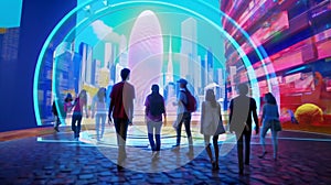 Citizens in the future and sphere of modern skyscrapers. Concept of metaverse, time traveling, cyber world or futuristic people