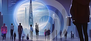 Citizens in the future and sphere of skyscrapers. Concept of time traveling, cyber world or futuristic people