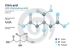 Citric acid. AHA Alphahydroxy acid. Structural chemical formula and molecule 3d model. Atoms with color coding. Vector photo