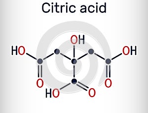 Citric acid molecule, alpha hydroxy acid, AHA. Is used as additive in food, cleaning agents, nutritional supplements