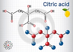 Citric acid molecule, is found in citrus fruits, lemons and limes. Is used as additive in food, cleaning agents, nutritional